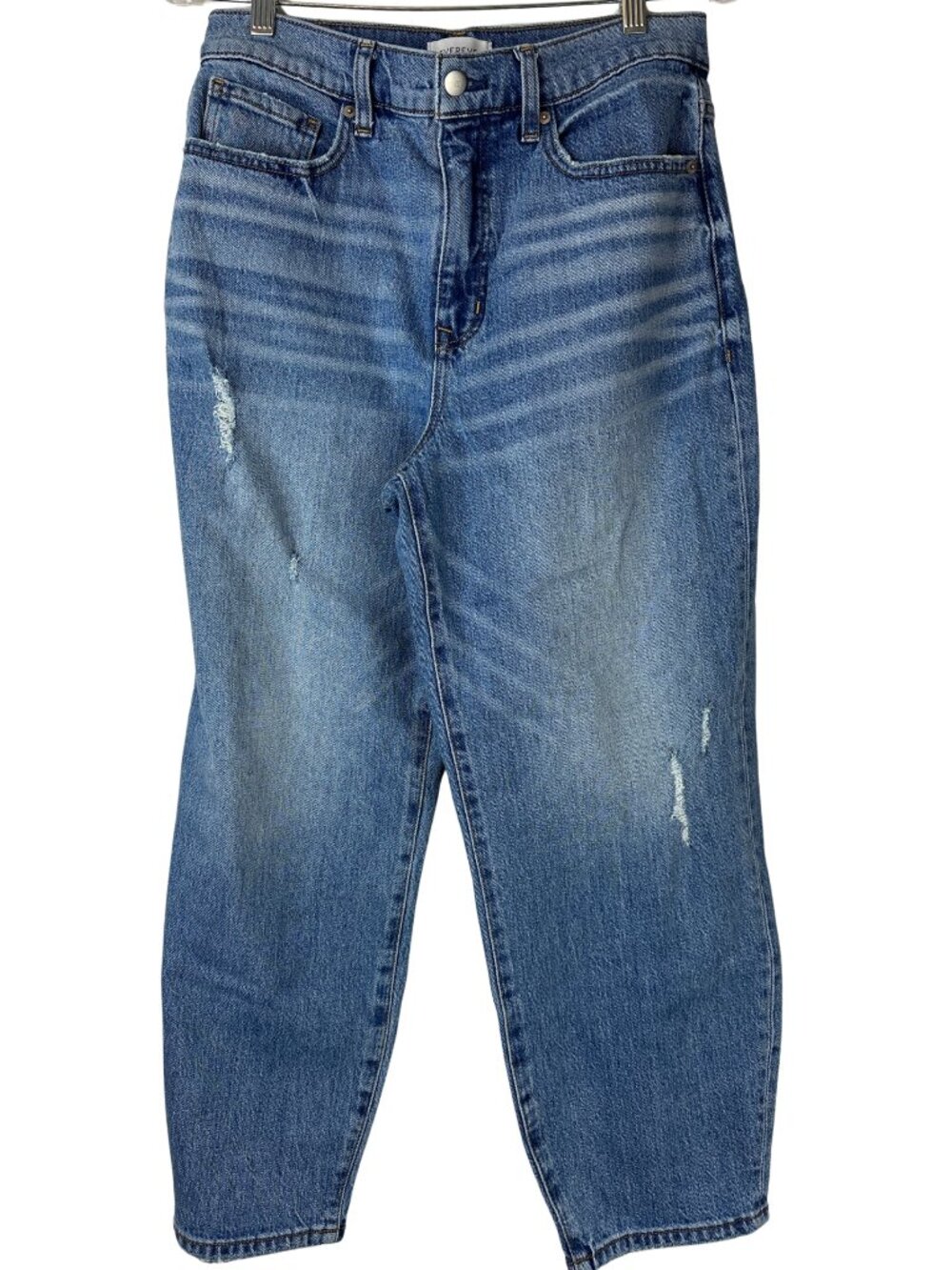 Evereve Ever Vintage Barrel Leg Jeans Distressed Blue Size 29 Bowed Ankle